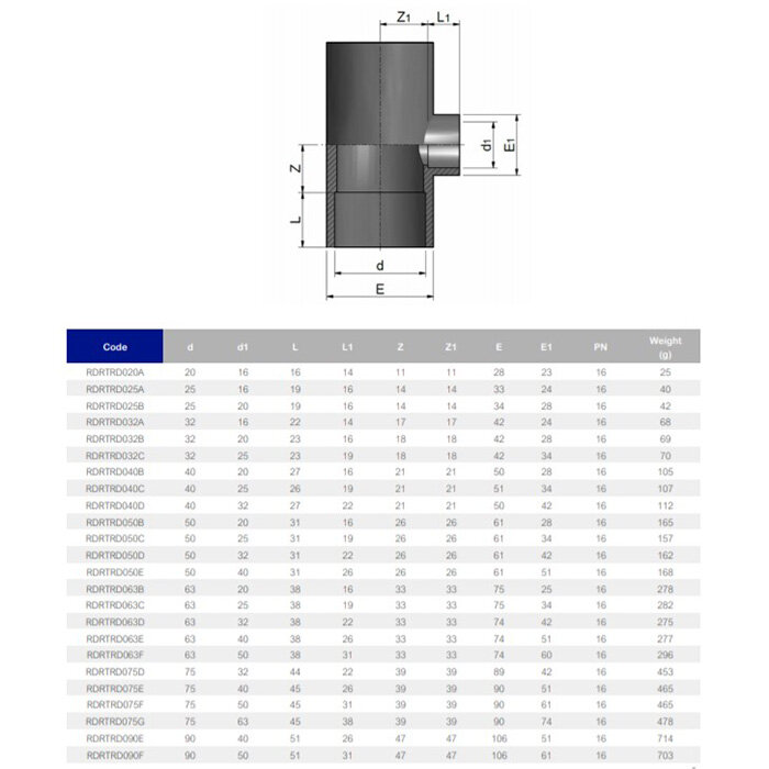 Тройник клеевой 90° редукционный EFFAST d250x160 мм (RDRTRD250O)