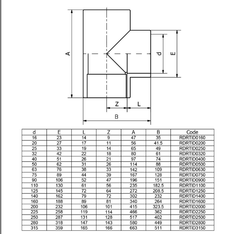 Тройник клеевой 90° EFFAST d25 мм (RDRTID0250)